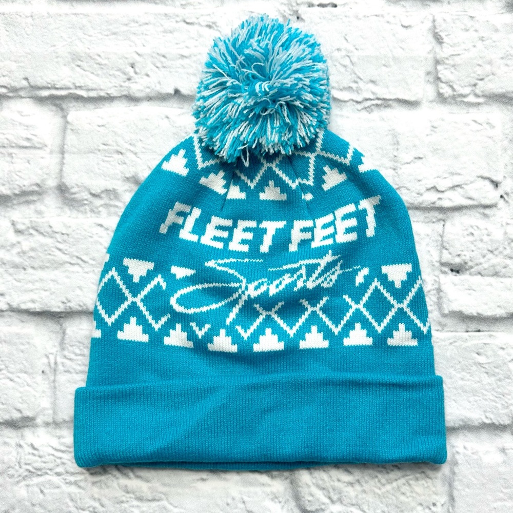 New Boco Gear Fleet Feet Sports teal blue pom pom winter hat